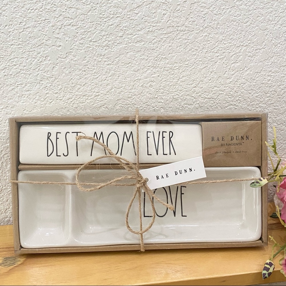 New Rae Dunn BEST MOM EVER LOVE Desk Plaque + Desk Tray Office Organizer